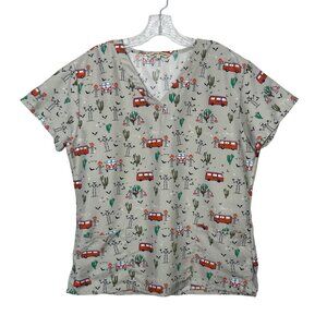 Gabby Brooke Halloween Print Scrub Top Womens Large Tan Skeleton Camper Cactus